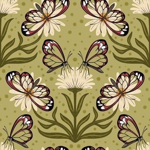 Glasswing butterflies // Medium on  Light Green // Butterfly Garden Wallpaper