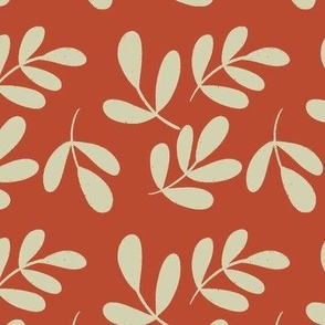 Green Leaves on Red Orange, Rows of Leaves, Vibrant Hand Drawn, Green Leaf Motif, Leaf Wallpaper, Leaf Fabric, Illustrated Leaves, Nature Inspired, Bold and Colorful, Vibrant Botanical