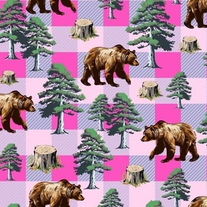 Pink Buffalo Plaid, Grizzly Brown Bear Country, Pine Tree Wilderness, Cozy Cabin Lumberjack Gingham Check
