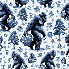 Bigfoot in Forest Collecting Mushrooms, Monochrome Blue and White Toile, Whimsical Creature Foraging Toadstool, Humorous Sasquatch Yeti Monster
