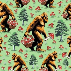 Mythical Monster Foraging Red and White Toadstool Mushroom, Humorous Bigfoot Sasquatch Yeti Monster, Mythical Cryptid Creature in Pine Forest