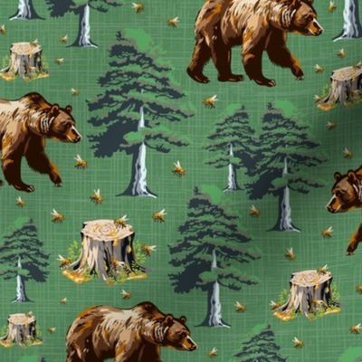 Honey Bees & Bear Forest, Grizzly Brown Bears, Flying Buzy Bee in Woods on Green