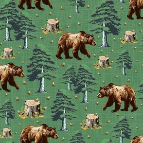 Honey Bees & Bear Forest, Grizzly Brown Bears, Flying Buzy Bee in Woods on Green
