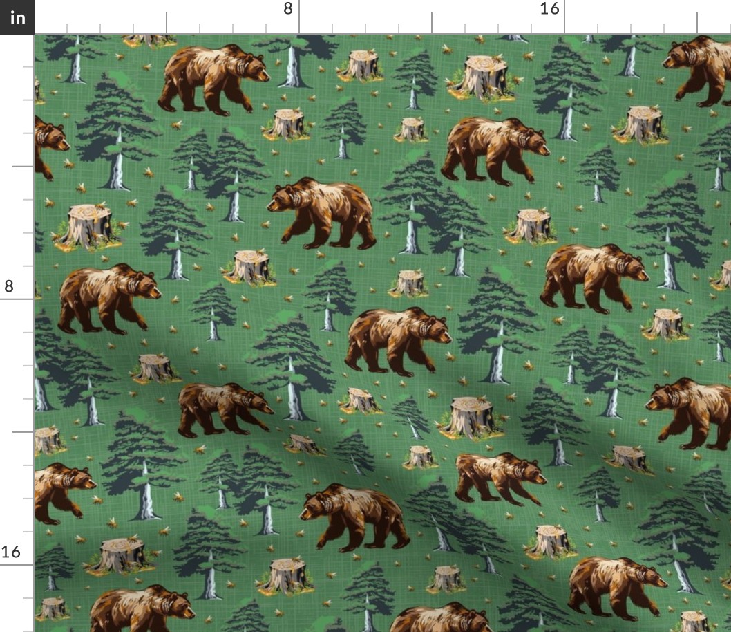 Honey Bees & Bear Forest, Grizzly Brown Bears, Flying Buzy Bee in Woods on Green