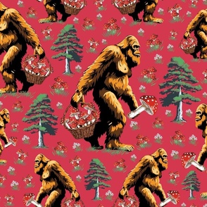 Mythical Creature Foraging Red and White Toadstool Mushroom, Humorous Sasquatch Bigfoot Yeti Monster, Mythical Cryptid Creature in Pine Forest