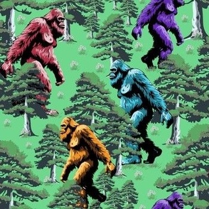 Neon Green Sasquatch Big Foot Mythical Animal, Colorful Pine Tree  Forest Rainbow Colors Fabric, Whimsical Yeti Monster Creature, Hilarious Sasquatch in Forest, Unusual Strange Weird Quirky Mythical Creature, Amusing Funny Sasquatch Hiking Outdoor Forest