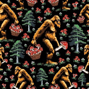 Sasquatch Collecting Mushroom and Fungi in Dark Pine Tree  Forest, Scary Big Foot Mythical Cryptid, Yeti Monster, Quirky Sasquatch Fun, Weird Yeti Foraging red White cap Mushrooms, Outrageously Quirky Bigfoot Humor, Whimsical Offbeat Sasquatch, Large Scal