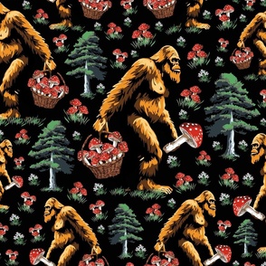 Sasquatch Collecting Mushroom and Fungi in Dark Pine Tree  Forest, Scary Big Foot Mythical Cryptid, Yeti Monster (Large Scale)