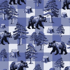 Buffalo Plaid Toile de Jouy Pattern, Grizzly Brown Bear Country Toile, Pine Tree Wilderness, Cozy Cabin Lumberjack Gingham Check