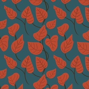 Red Leaves, Vibrant Hand Drawn, Red Leaf Motif, Leaf Wallpaper, Leaf Fabric, Illustrated Leaves, Red and Teal, Nature Inspired, Bold and Colorful, Vibrant Botanical