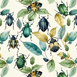 Vintage Watercolor Beetles and Leaves