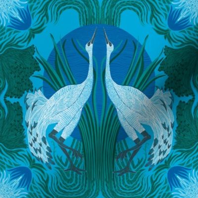 Maximalist William Morris Inspired Whooping  Cranes at Dusk in Pantone Ultra-Steady Palette
