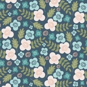 Small / Simple Tossed Flowers, Leaves and Swirls in Blue, Coral and Green