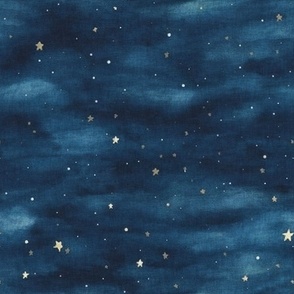 Stars Night Sky Midnight Blue Night Clouds Hand Watercolor 
