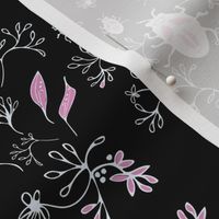 Hand Drawn Doodle Bugs -  Pink And White On Black - Mirror Pattern.