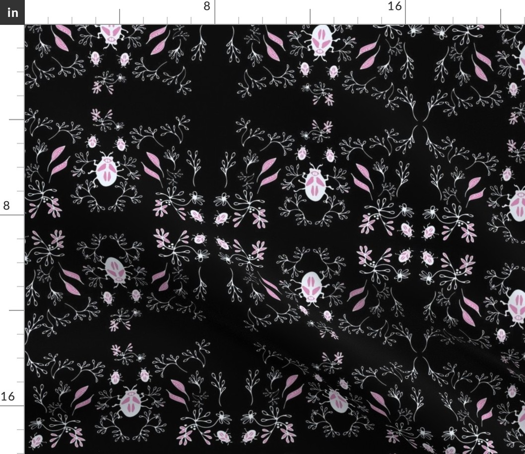 Hand Drawn Doodle Bugs -  Pink And White On Black - Mirror Pattern.