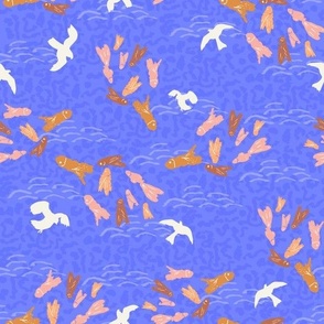 Fishing seaguls waves fish cobalt blue orange brown peach pink Regular Scale by Jac Slade