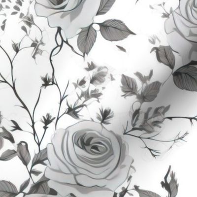 English Rose Watercolor Black and White Floral  Shabby French