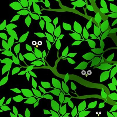 medium-Spooky Owl in Trees-lime and black