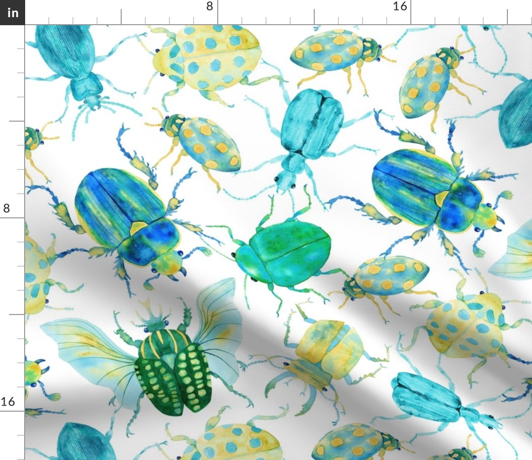 Hand-Painted Watercolor Beetles - Blue Green Teal on White - Large Scale