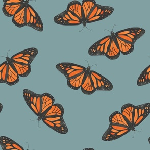 Large watercolor Monarch butterflies on dusty blue, for wallpaper, duvets and home decor