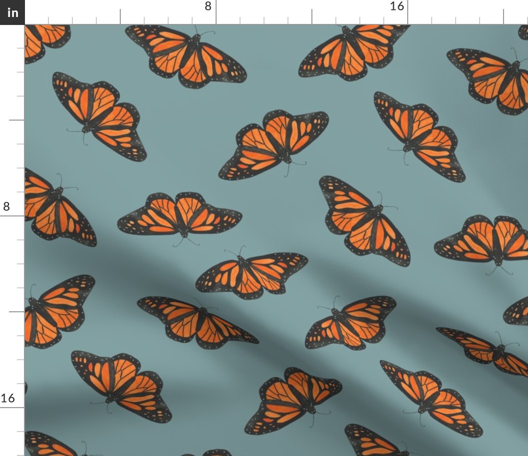 Medium monarch butterflies on a dusty blue base, watercolor butterflies perfect for kids apparel and nursery