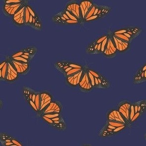 Small monarch butterflies on a navy blue base, watercolor butterflies perfect for kids apparel and nursery