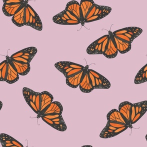 Orange watercolor monarch butterflies on lilac purple, large scale for bedding and home décor, orange, black and purple