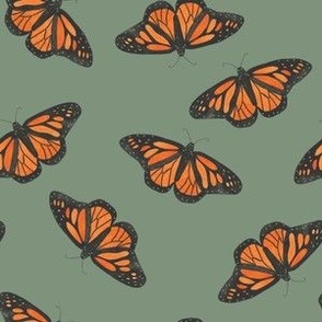Small monarch butterflies on a sage green base, watercolor butterflies perfect for kids apparel and nursery