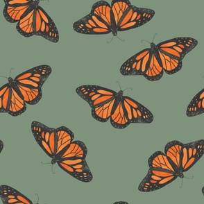 Orange watercolor monarch butterflies on sage green, large scale for bedding and home décor, orange, black and green