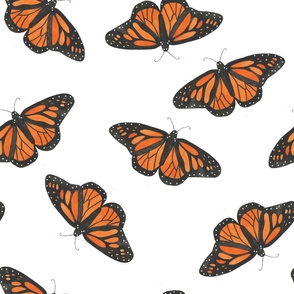 Orange watercolor monarch butterflies on white, large scale for bedding and home décor, orange, black and white