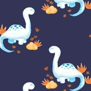 Large Blue watercolor brontosaurus dinosaur on navy blue– part of my signature color collection