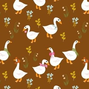 Goose wearing Colorful Scarfs in Brown Background