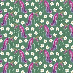 Small unicorns and daisies on green for kids clothing, baby and nursery - signature colour collection