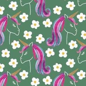 Medium unicorns and daisies on green for kids clothing, baby and nursery - signature colour collection