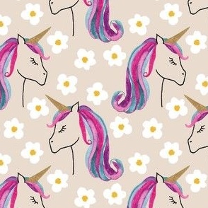 Medium unicorns and daisies on cream for kids clothing, baby and nursery - signature colour collection