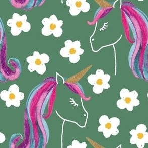 Large unicorns and daisies on green for kids clothing, baby and nursery - signature colour collection