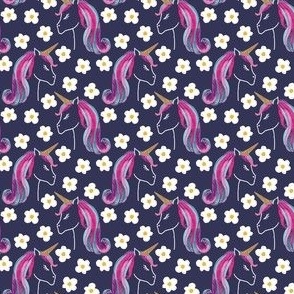 Small unicorns and daisies on navy blue for kids clothing, baby and nursery - signature colour collection