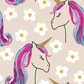 Large unicorns and daisies on cream for kids clothing, baby and nursery - signature colour collection