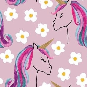 Large unicorns and daisies on lilac purple for kids clothing, baby and nursery - signature colour collection