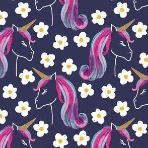 Medium unicorns and daisies on dark blue for kids clothing, baby and nursery - signature colour collection