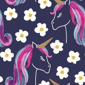 Large unicorns and daisies on dark blue for kids clothing, baby and nursery - signature colour collection