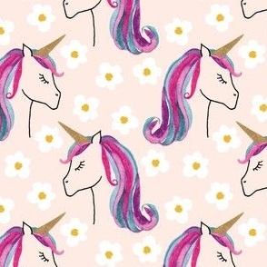 Meidum unicorns and daisies on pink for kids clothing, baby and nursery - signature colour collection