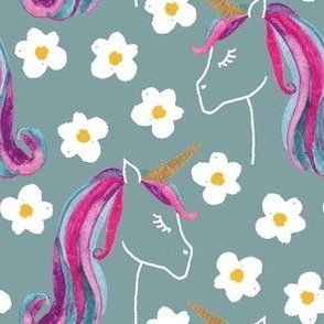 Large unicorns and daisies on blue for kids clothing, baby and nursery - signature colour collection