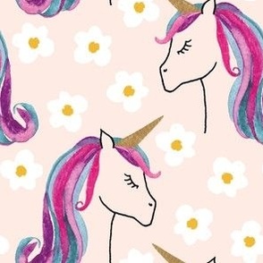 Large unicorns and daisies on pink for kids clothing, baby and nursery - signature colour collection