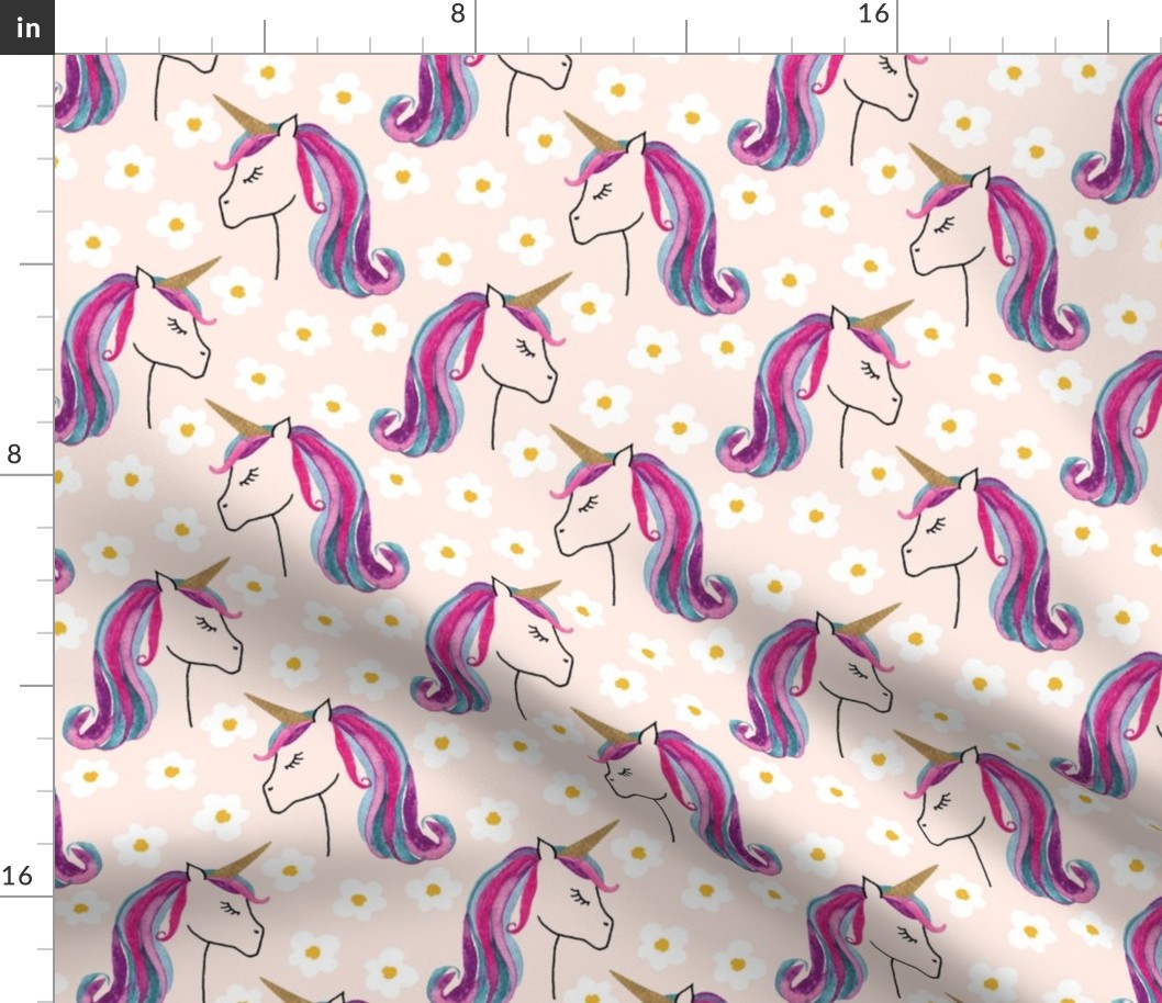 Large unicorns and daisies on pink for kids clothing, baby and nursery - signature colour collection