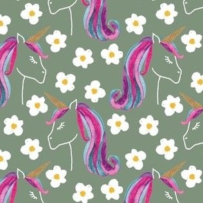 Medium unicorns and daisies on green for kids clothing, baby and nursery  - signature colour collection 