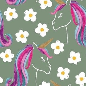 Large unicorns and daisies on green for kids clothing, baby and nursery  - signature colour collection 