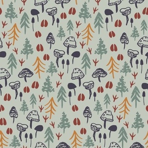 12" outdoorsy woodland with foot prints, toadstools and pine trees on sage green. 