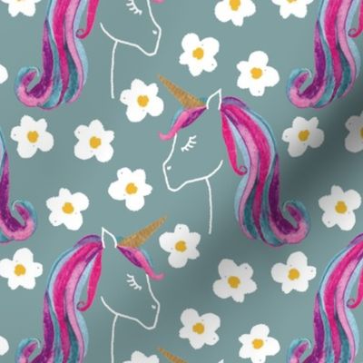 Large unicorns and daisies on blue for kids clothing, baby and nursery  - signature colour collection 